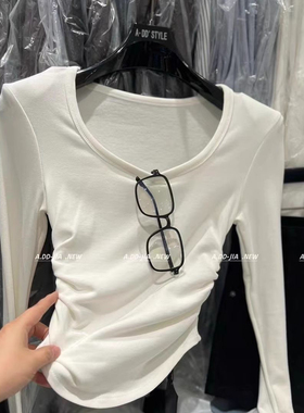 十三行ADD舒适 2025秋新款百搭显瘦设计感u领长袖T恤内搭打底衫女
