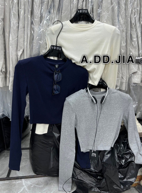 ADD亲肤舒适打底~2025净版圆领垫肩长袖短款纯色时尚百搭显瘦T恤