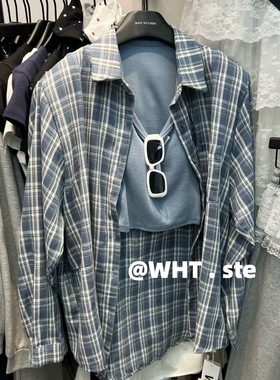 ADD韩国东大门2025早秋新款蓝色格子衬衫女宽松休闲衬衣外套上衣