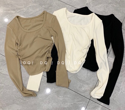 ADD【搭配小能手】u领收腰打底T恤显瘦褶皱弧形长袖万能搭上衣