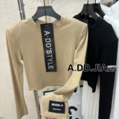 袖 子贴标圆领垫肩长袖 T恤女打底衫 ADD2025秋冬款 短款 上衣设计感