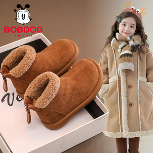 巴布豆真皮女童鞋雪地靴加绒2025新款秋冬季靴子儿童短靴加厚棉鞋