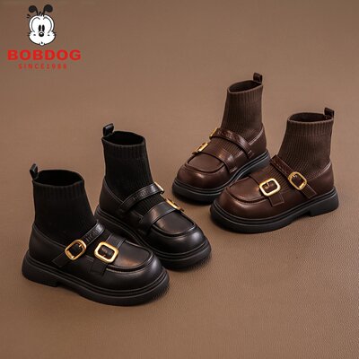 巴布豆真皮女童鞋子儿童马丁靴