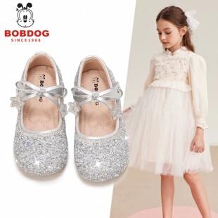 巴布豆真皮女童公主鞋水晶鞋儿童单鞋子2025春秋季新款礼服小皮鞋