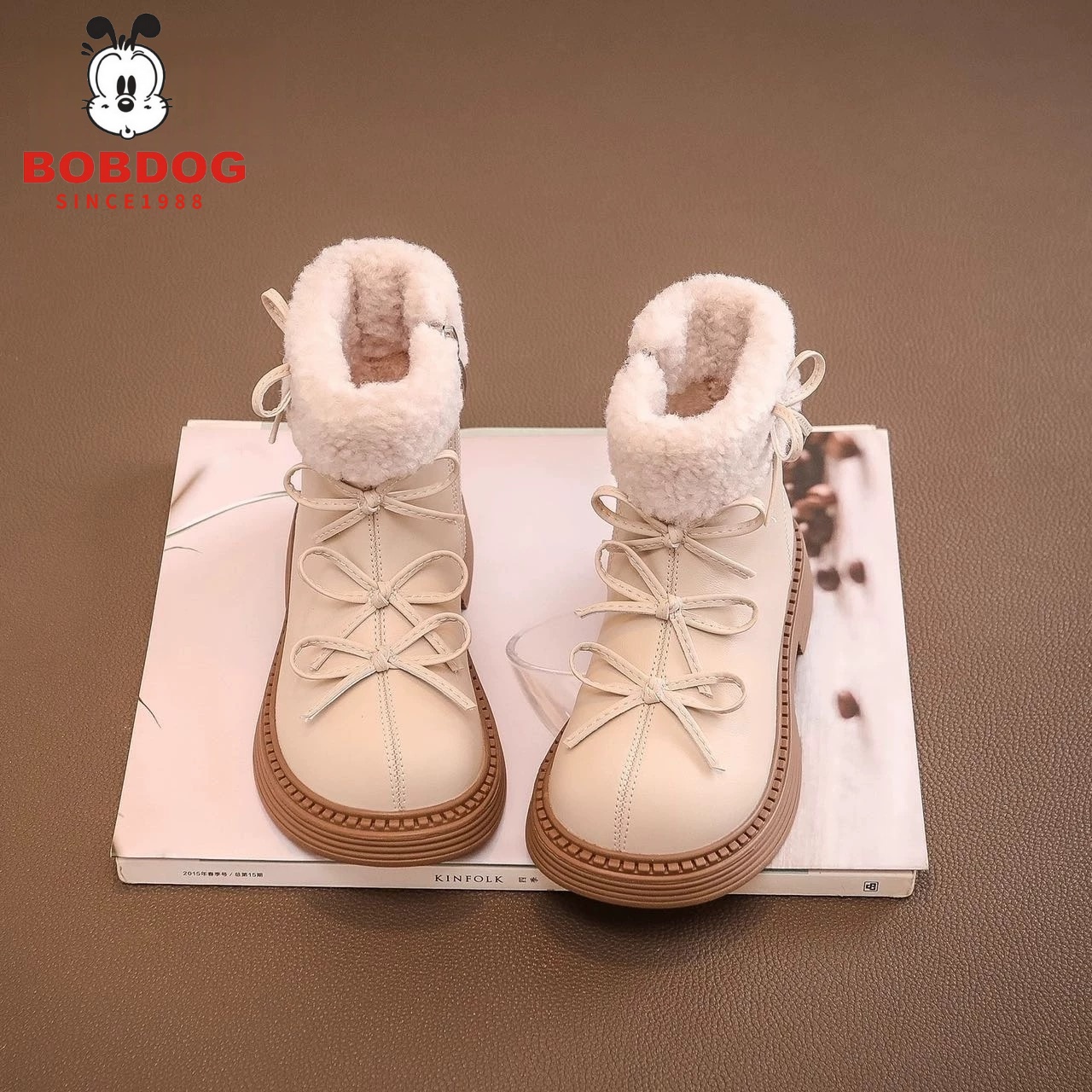 巴布豆真皮女童棉鞋加绒儿童短靴
