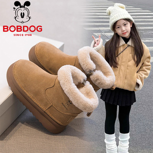 巴布豆真皮女童雪地靴冬季儿童2025新款棉鞋靴子大童加绒加厚短靴