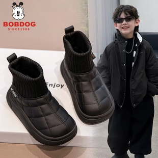 巴布豆真皮女童雪地靴儿童加绒靴子2025冬季防水男童棉鞋保暖短靴