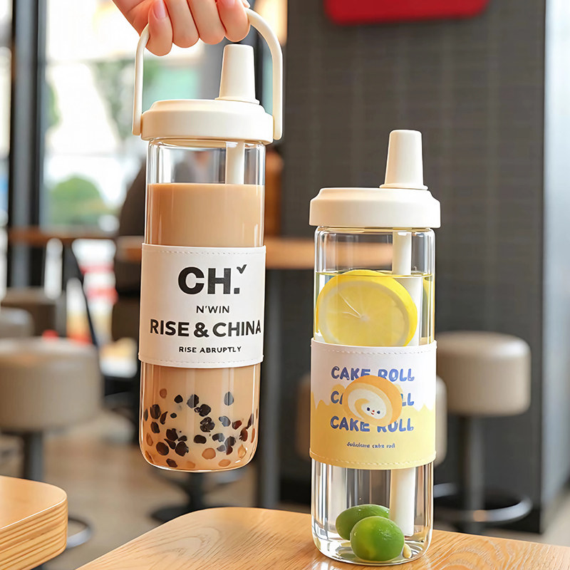 户外运动大容量玻璃透明吸管杯图片