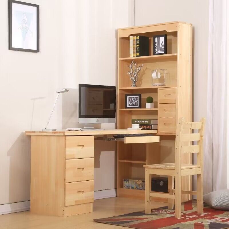 实木松木带书架家用简约电脑桌