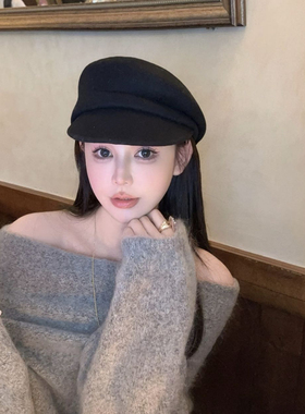 fever同款黑色羊毛报童帽子女秋冬法式鸭舌帽显脸小贝雷帽礼帽潮
