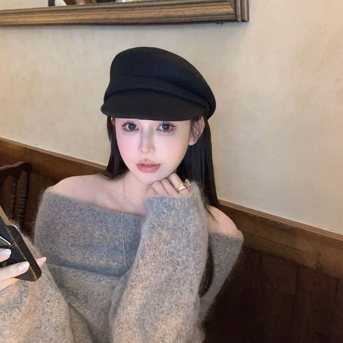 fever同款黑色羊毛报童帽子女秋冬法式鸭舌帽显脸小贝雷帽礼帽潮
