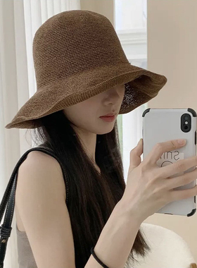 夏天出游防晒帽子女细密草编帽时尚百搭显脸小大檐渔夫帽遮阳帽潮