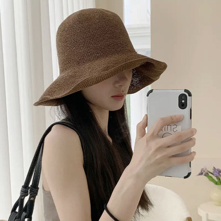 夏天出游防晒帽子女细密草编帽时尚百搭显脸小大檐渔夫帽遮阳帽潮