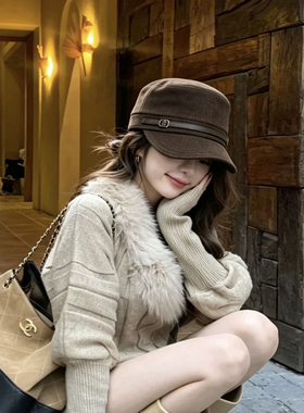 秋冬气质马术帽子女复古麂皮绒