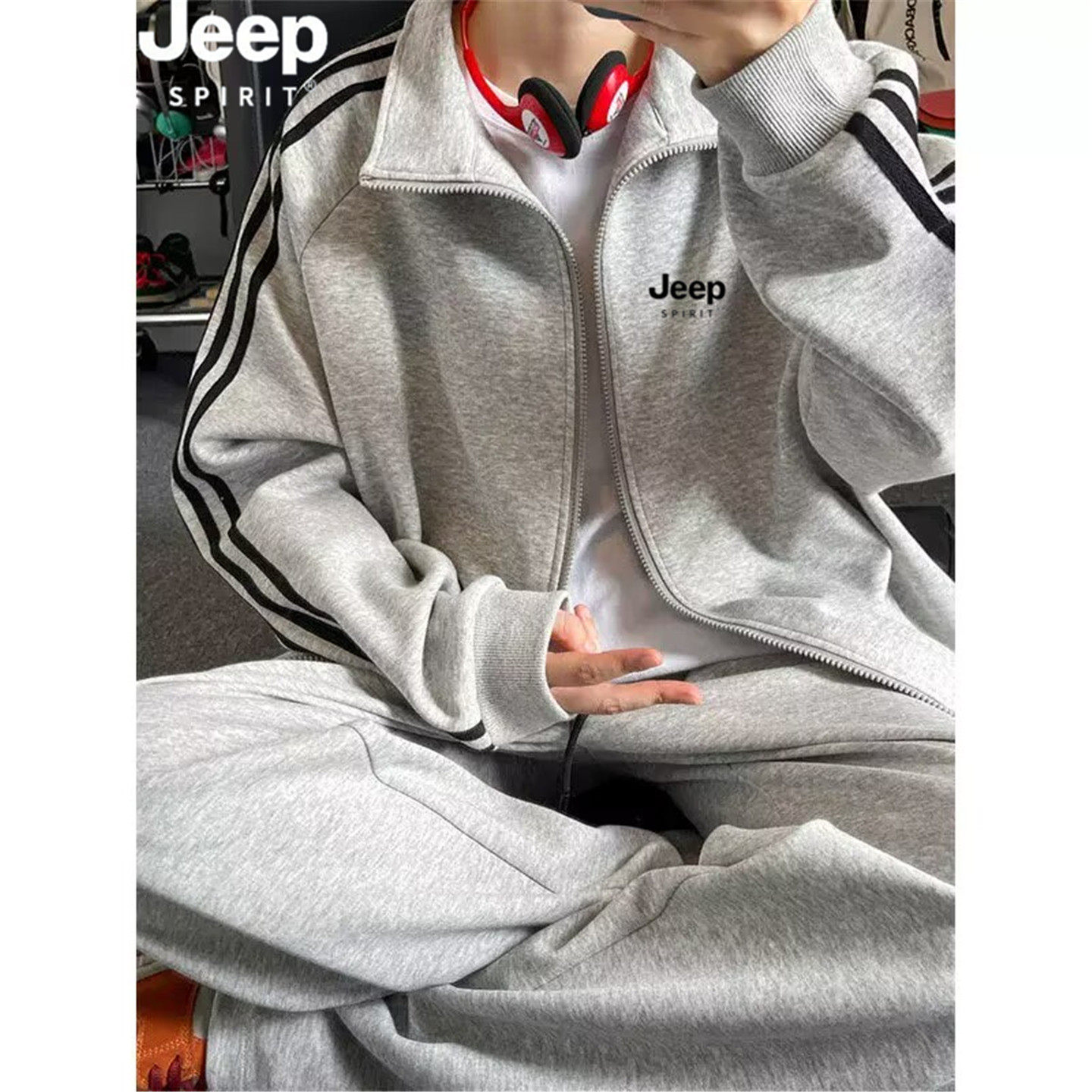 JEEP SPIRT吉普运动套装男春季青少年开衫卫衣学生跑步纯棉运动服