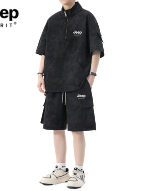 JEEP SPIRIT休闲运动套装男夏季潮流青少年短袖t恤半拉链痞帅套装