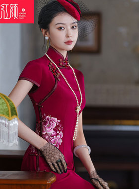 团花玉锦9181丨盖世红颜丨2024年春夏款婚庆绣花桑蚕丝中长款旗袍