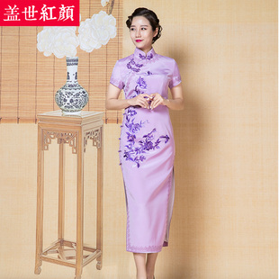 盖世红颜真丝绣花新款 旗袍原创立体雕花老上海手工旗袍礼服莲芯卉
