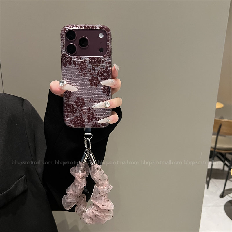 酒红蕾丝山茶花适用于苹果18promax勃艮第红手机壳iPhone17promax带挂绳15pro新款16promax秋冬款小香风女款