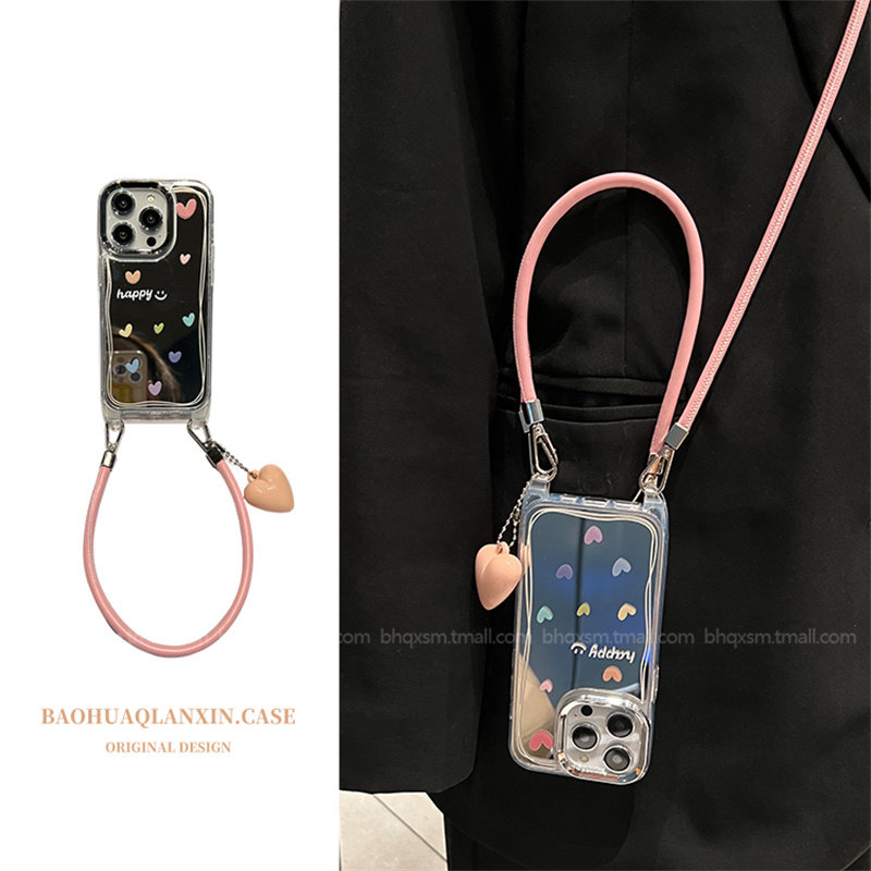 镜面彩色爱心笑脸适用于苹果16promax手机壳iPhone15promax斜挎可背挂绳16pro日韩14promax少女心12pro补妆镜