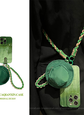 大理石绿色渔夫帽耳机包适用苹果16promax手机壳iphone14pro斜挎13可背挂绳12小众女11高级感15promax保护套
