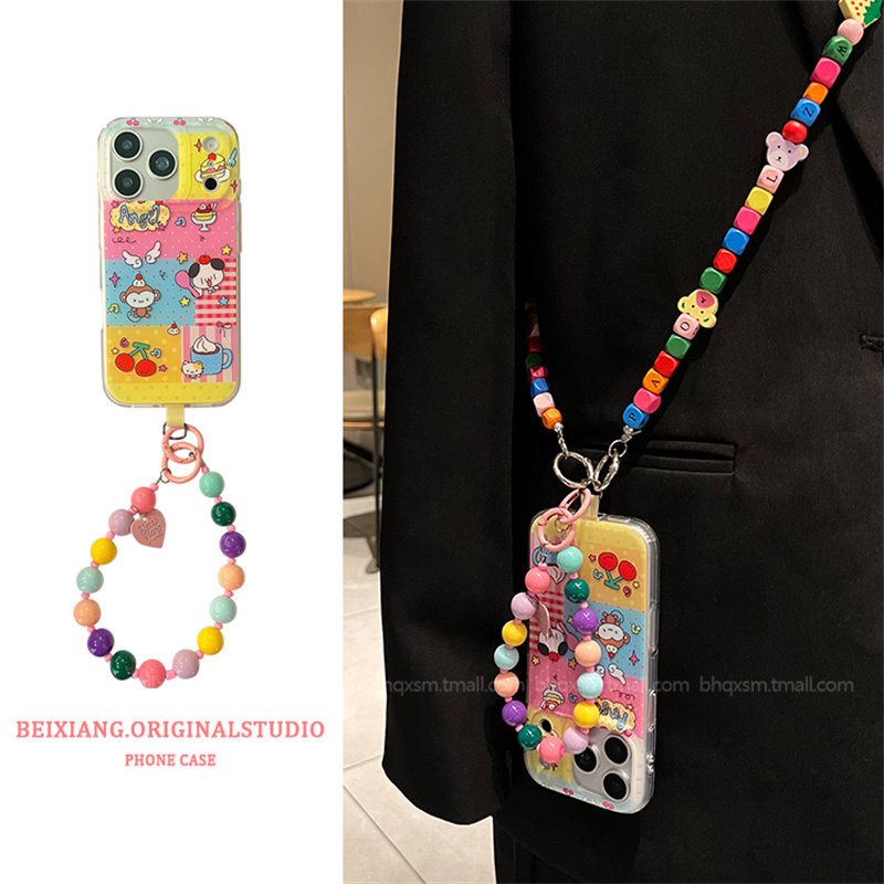 彩色波点格子布丁猴子适用苹果17promax手机壳iPhone16promax高级感ins创意15promax斜跨可背带挂绳17pro新款