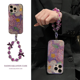 初春紫色牡丹油画花朵适用苹果16promax手机壳iPhone15pro小清新13promax春夏新款14promax闪粉16pro高级女款