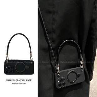 黑色液态硅胶磁吸支架适用苹果16promax手机壳iPhone17promax新款15pro斜挎14promax全包防摔13pro手绳12女款