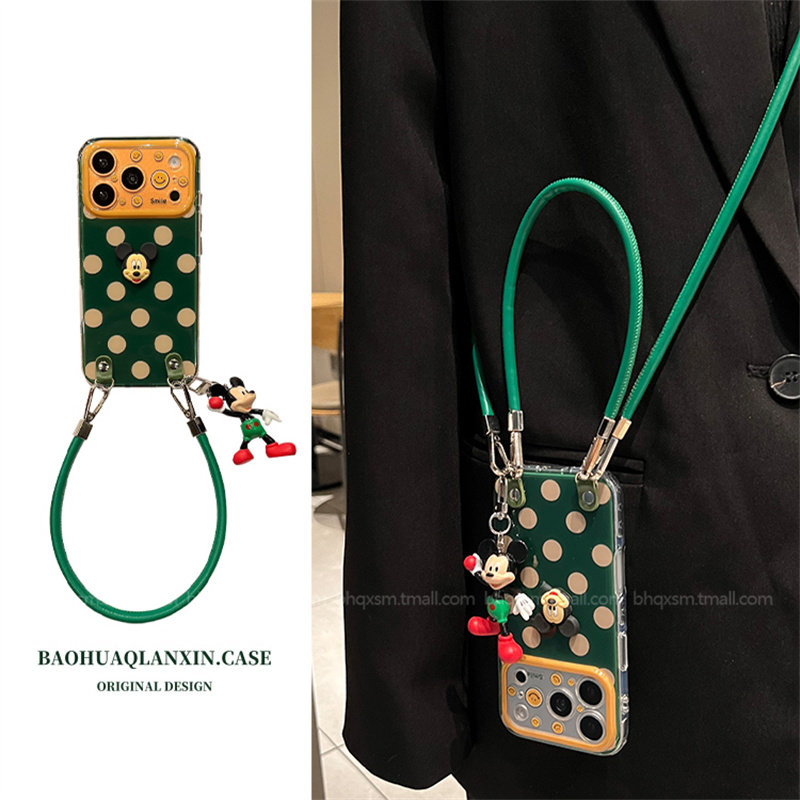 复古绿波点小奇适用苹果17promax手机壳iPhone16promax全包15pro可斜挎17pro带挂绳女款14promax韩系保护套