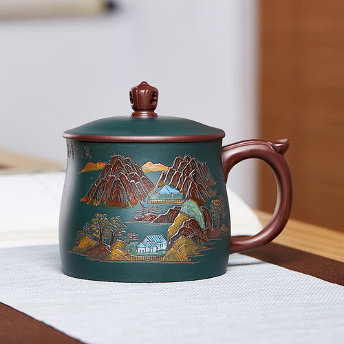 双色粉浆全手工紫砂彩绘山水盖杯