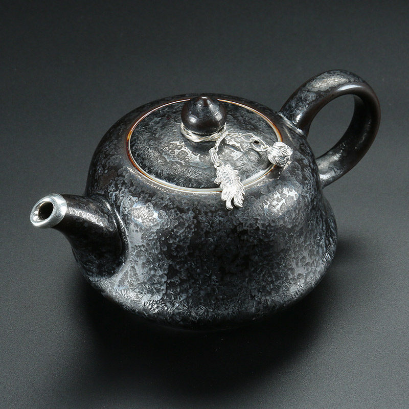 甲盏窑 李甲栈曜变银斑天目瓷陶瓷茶壶过滤银行同款莲心茶壶