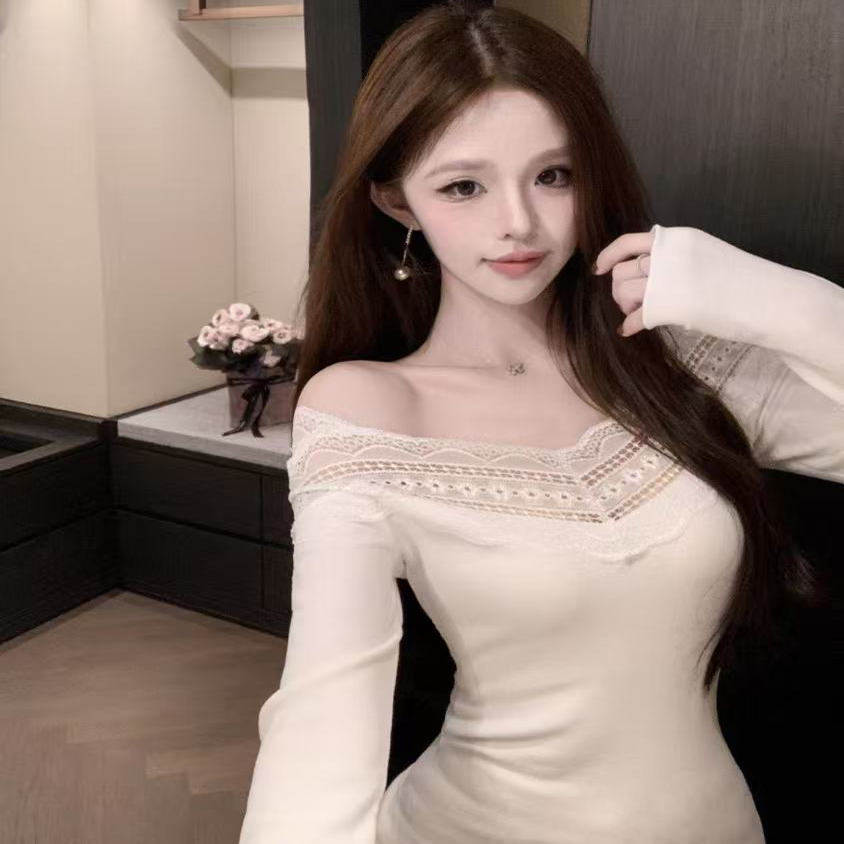 蕾丝拼接镂空V领长袖T恤女