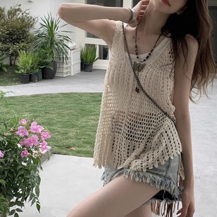 无袖 复古波西米亚短款 上衣 吊带背心女夏宽松外搭时尚 镂空针织罩衫