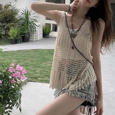 镂空针织罩衫吊带背心女夏宽松外搭时尚复古波西米亚短款无袖上衣