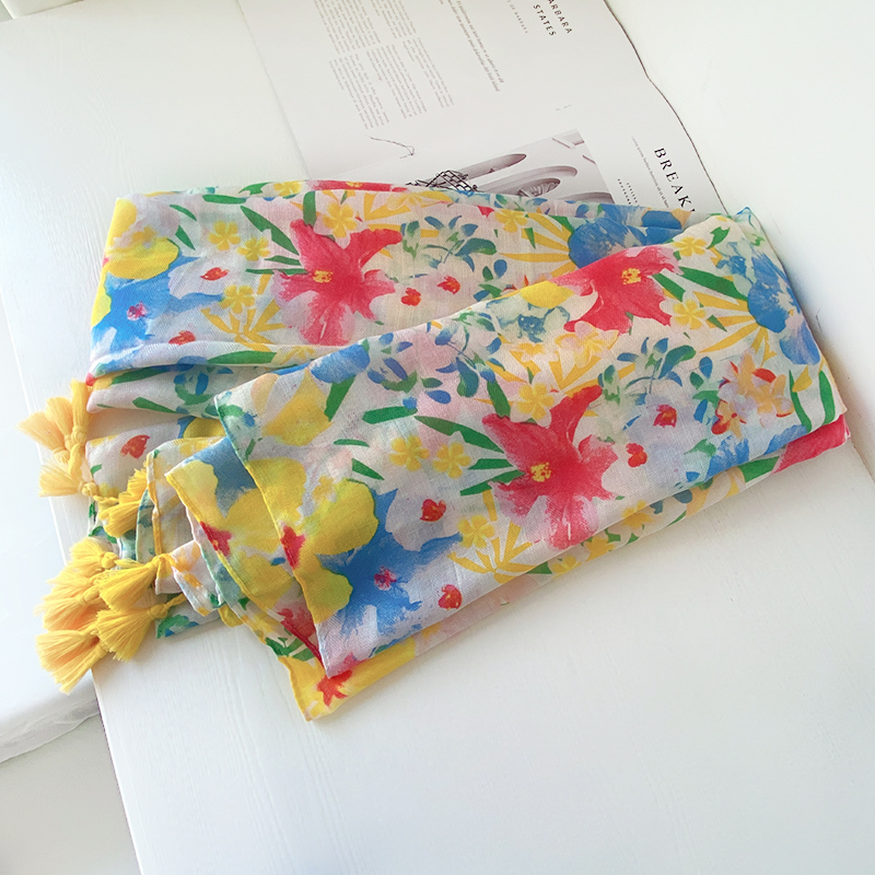 围巾热带植物花卉米黄亮色棉麻手感人字纹沙滩巾挂流苏披肩女