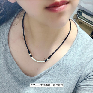 S999纯银手工黑绳竹节吊坠项链女铃铛弯管网红锁骨链防过敏不掉色