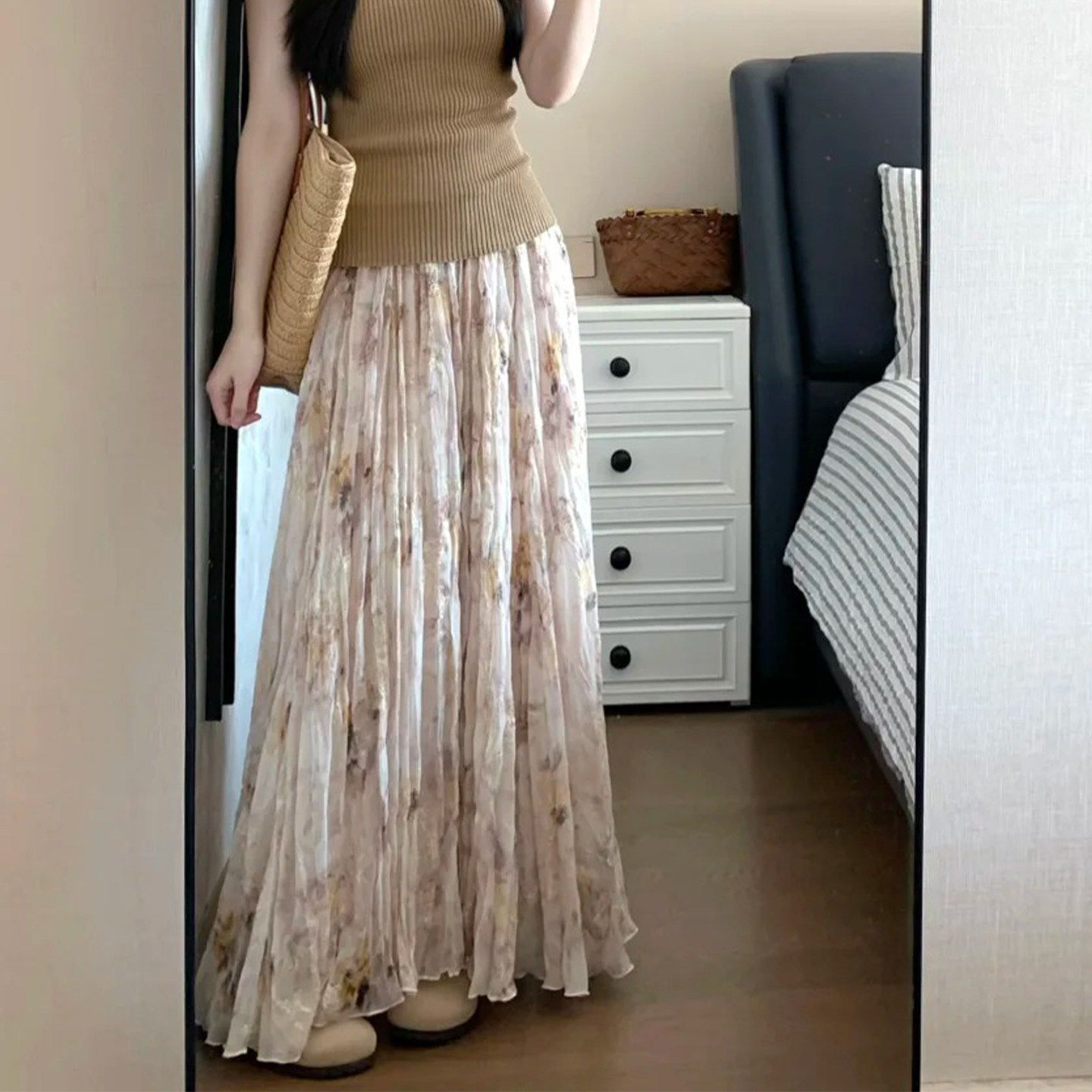 夏季法式碎花高腰显瘦百褶半身裙