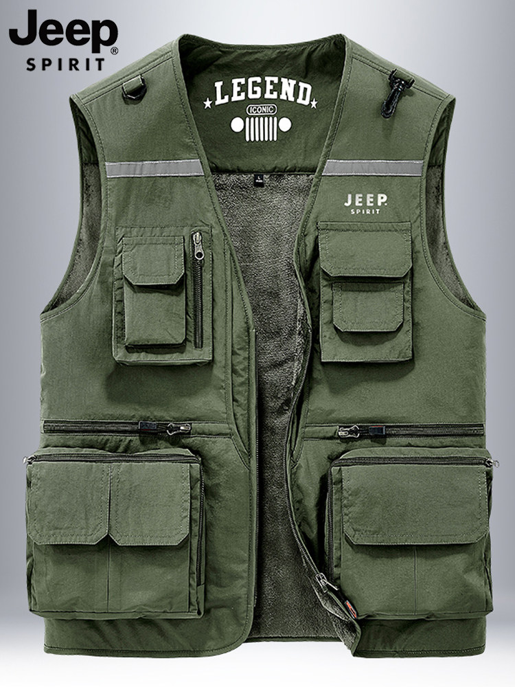 JEEP吉普加绒马甲男冬季户外多口袋钓鱼背心男款加厚工装摄影外套