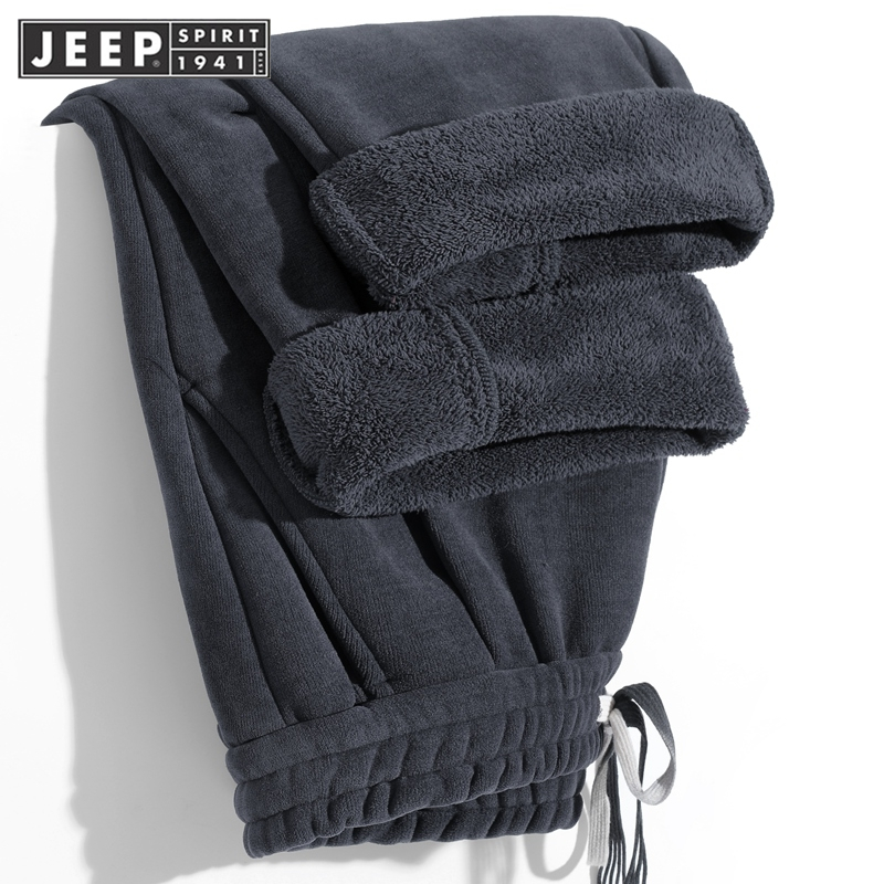 吉普加绒加厚卫裤男士冬季保暖2024新款宽松直筒运动裤一体绒裤子