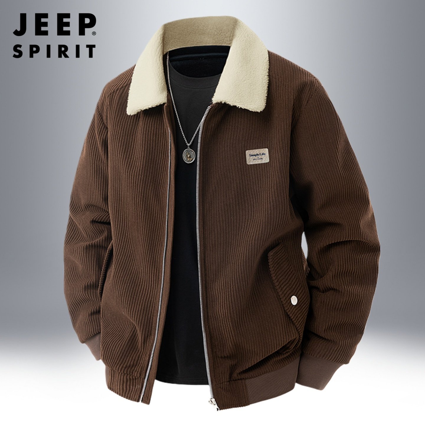 吉普加绒夹克男士冬季新款翻领加厚灯芯绒衣服羊羔绒休闲运动外套