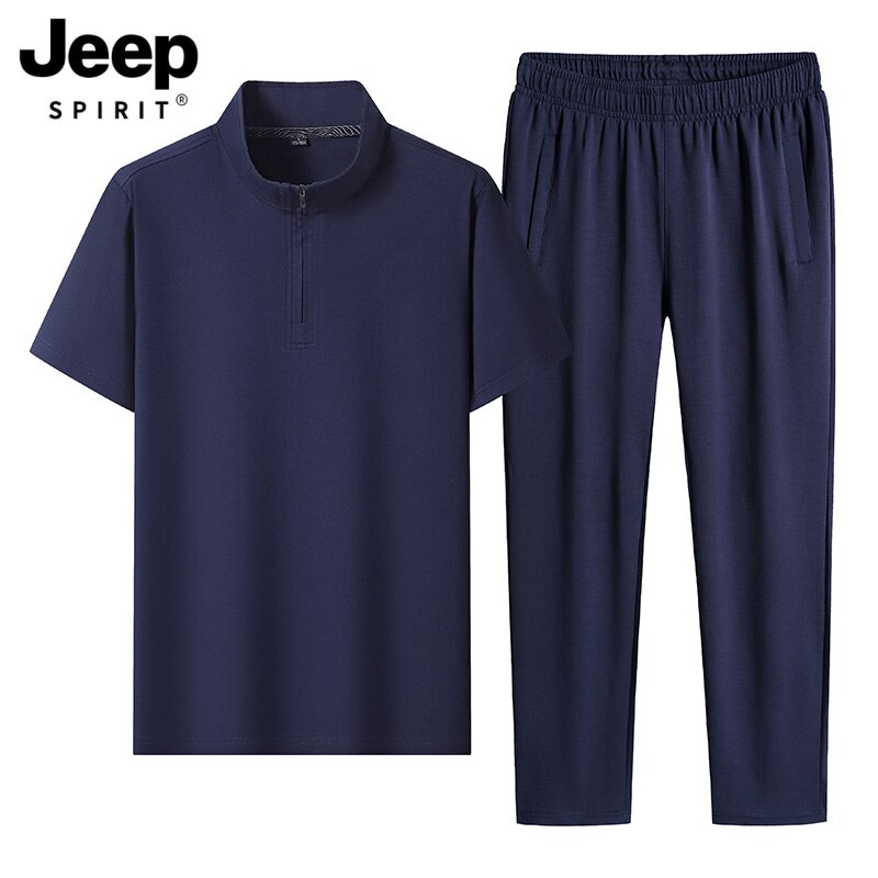 吉普纯棉运动套装男士夏季薄款中年爸爸男装冰瓷棉跑步休闲运动服