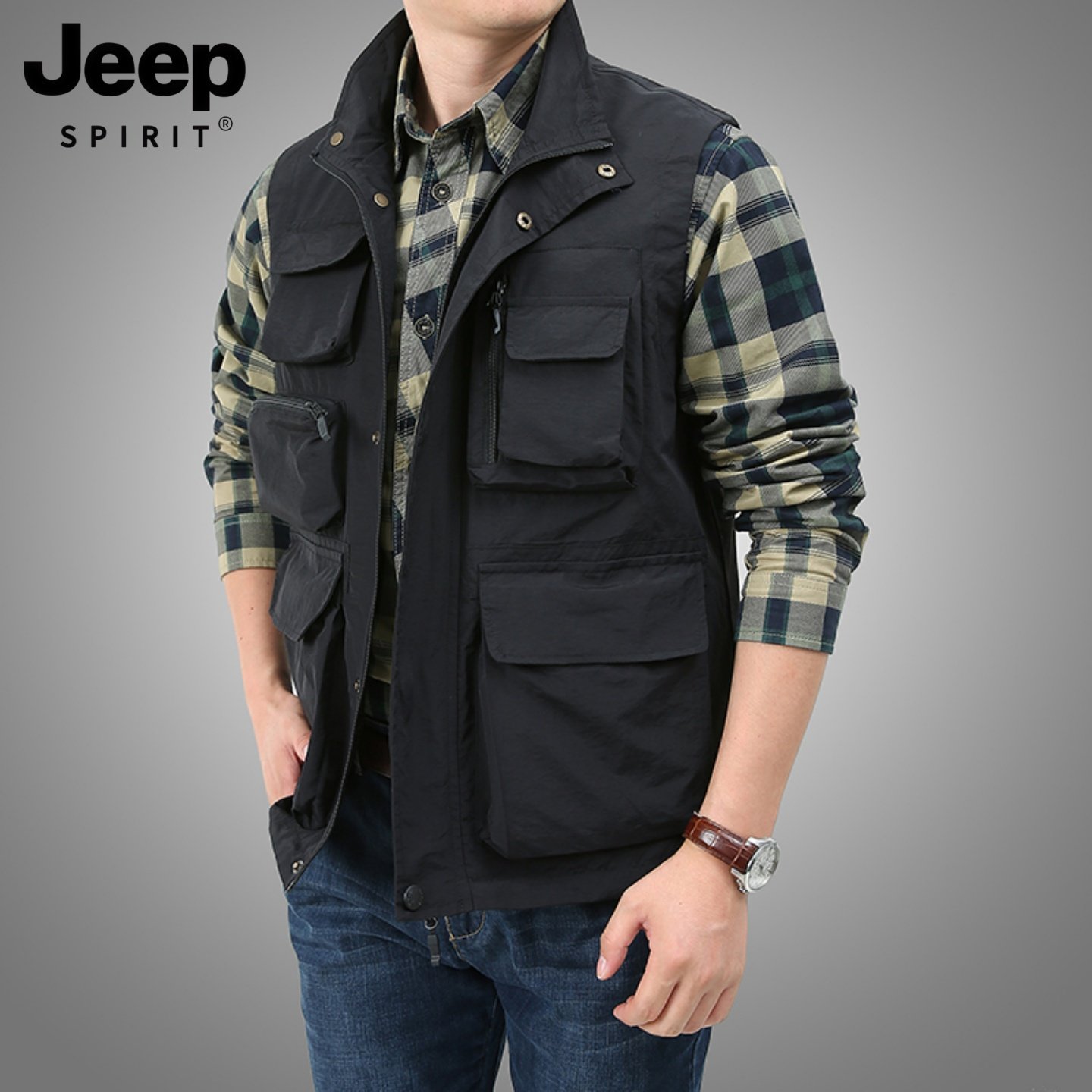 吉普工装马甲男士春季户外多口袋钓鱼坎肩马夹外穿立领摄影师背心,男装,常规马甲,淘宝优惠券,粉丝福利购,淘宝优惠卷