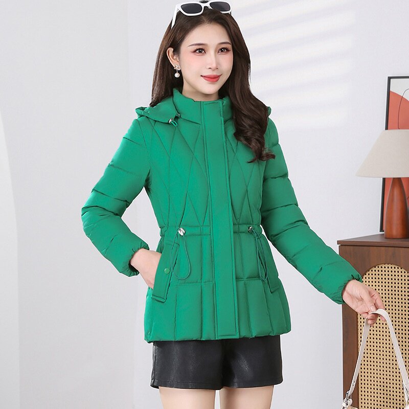 冬装女士外套中长款棉服修身显瘦时尚保暖加厚连帽收腰棉衣热销款