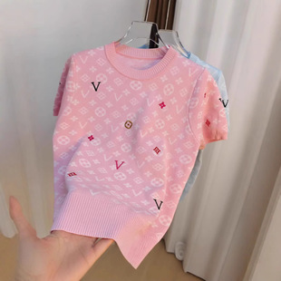 女上衣2025 凹凸感彩色刺绣套头老花暗纹大朗针织衫 新款 圆领短袖