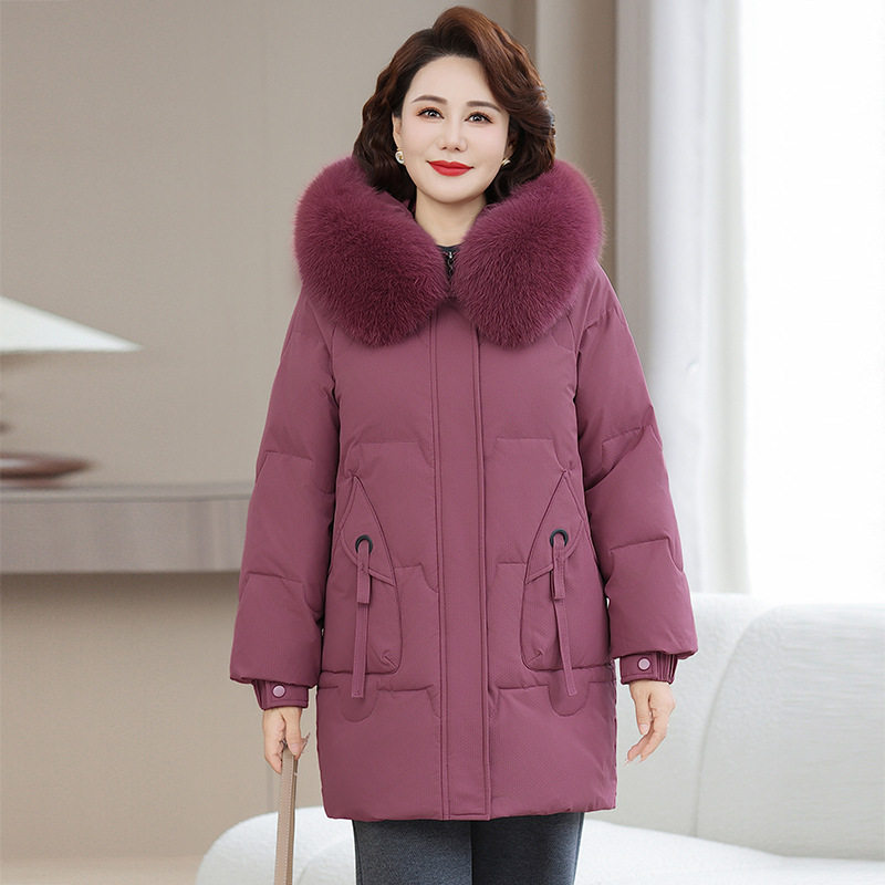 新款冬季大码羽绒服中长款女宽松显瘦妈妈白鹅绒中式毛领加厚保暖