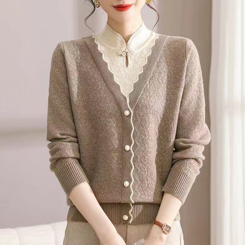 新款春秋加厚假两件妈妈羊毛衫洋气复古女款毛衣针织小衫气质婆婆