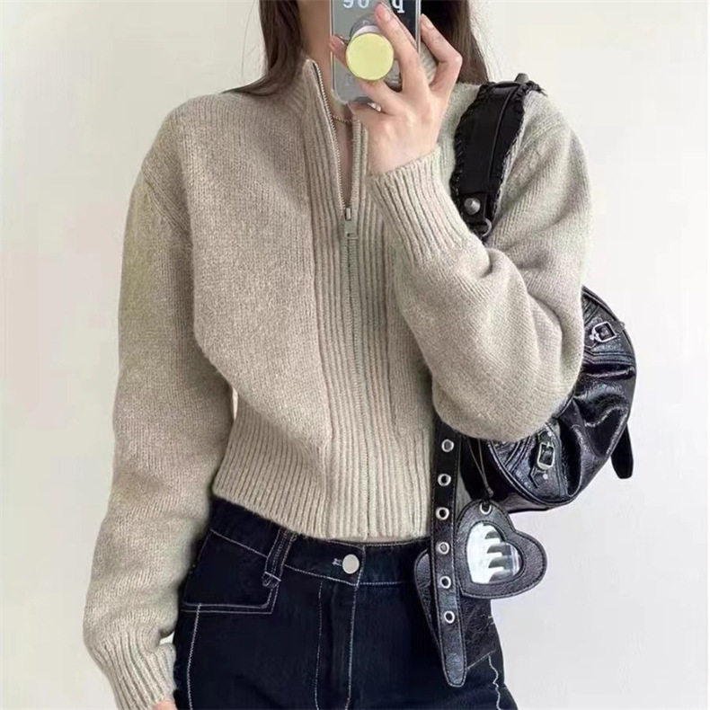 韩版短款设计感拉链半高领针织开衫女小个子休闲简约纯色毛衣外套