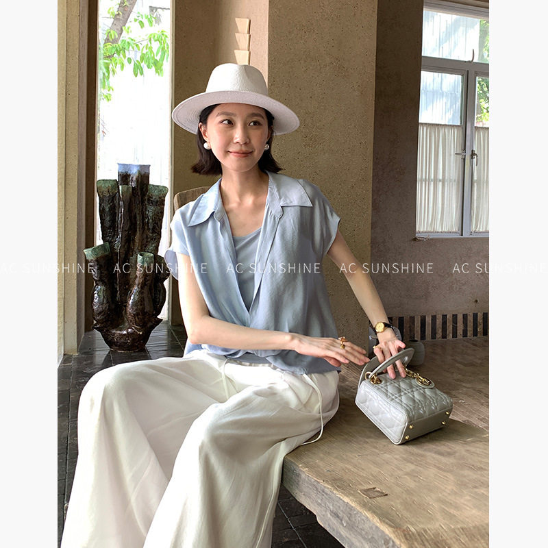 法式优雅V领收腰连肩袖衬衫套装
