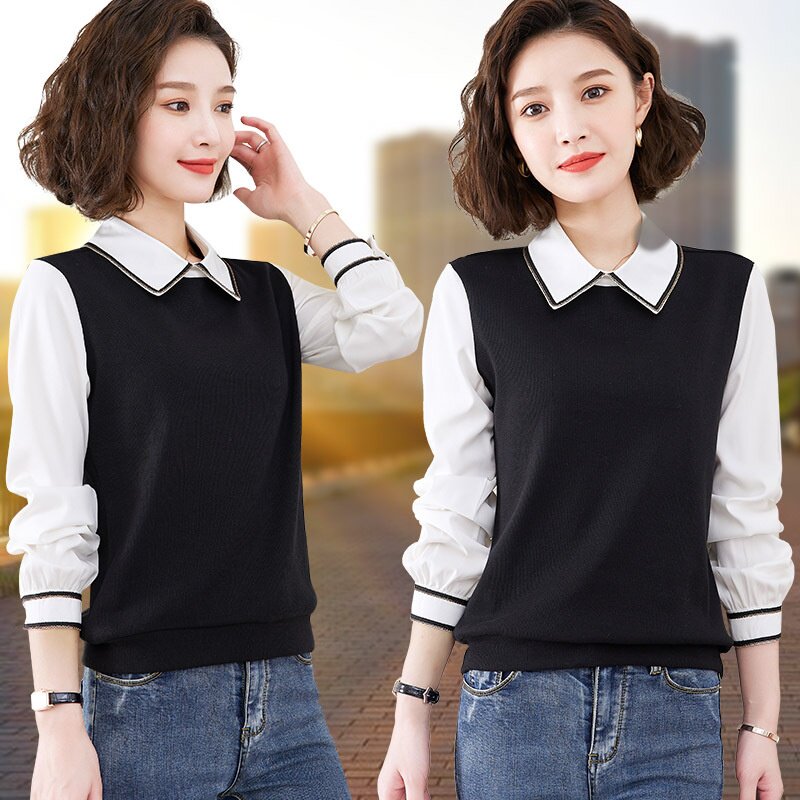 新款时尚潮流翻领长袖假两件衬衫领卫衣女装春秋拼接宽松显瘦T恤