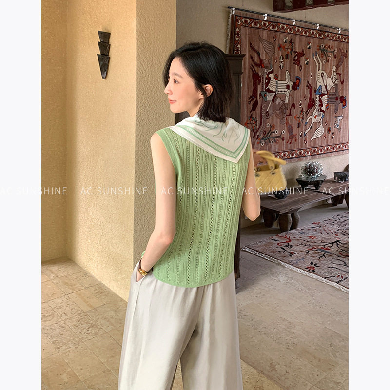小个镂空休闲单排扣无袖马甲开衫背心女夏季显瘦毛针织衫薄款连帽